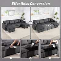 Convertible Sofa Bed, Corduroy U-Shaped Sleeper Sofa Couch with Storage Chaise, Pillows, Spring, Futon Couch, Grey
