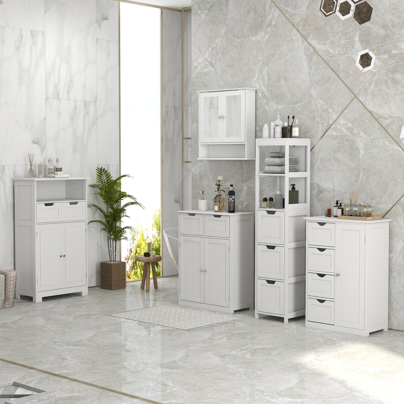 Narrow Bathroom Cabinet with 3 Drawers and 2 Tier Shelf, Tall Cupboard Freestanding Linen Tower, White