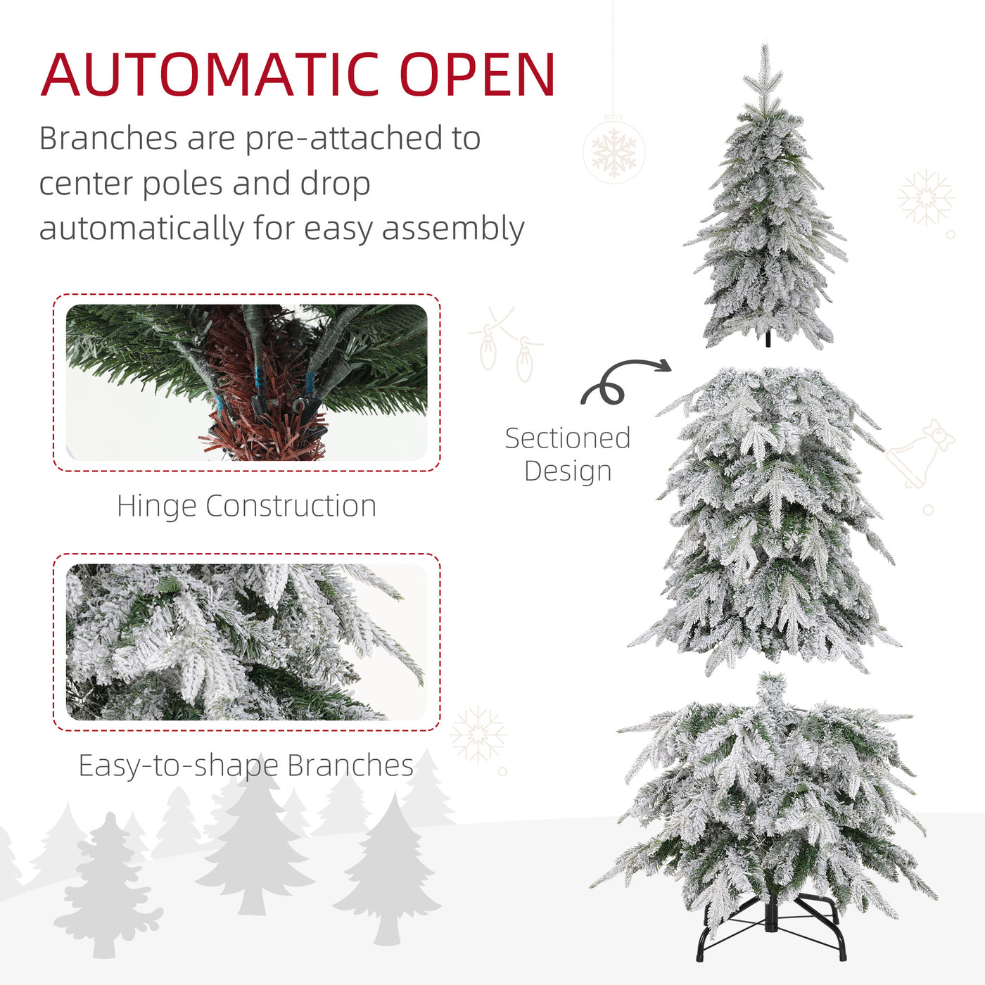 6ft Pencil Flocked Artificial Christmas Tree with 600 Branch Tips, Auto Open and Steel Base, Green