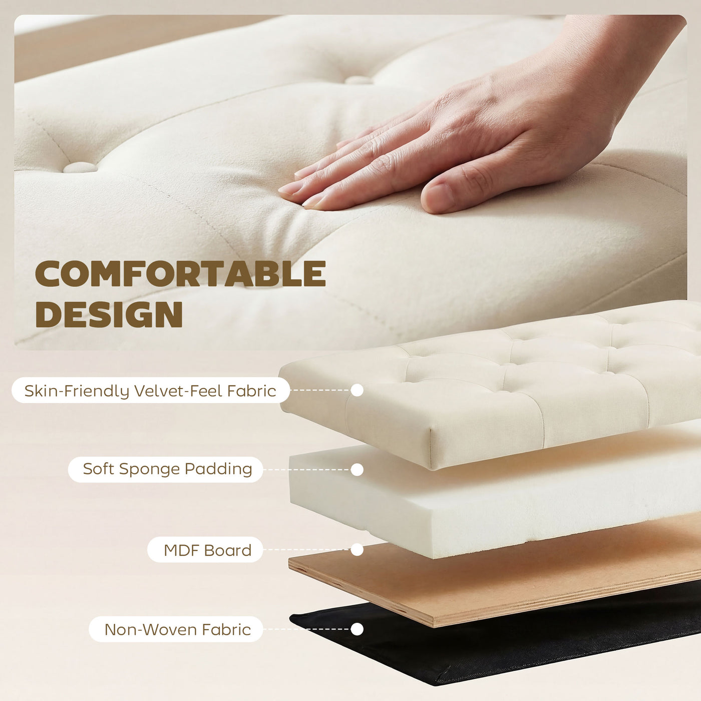 Storage Ottoman, Upholstered Velvet End of Bed Bench, Button Tufted Storage Bench for Bedroom, Living Room, Beige