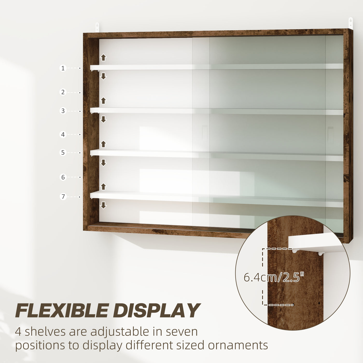 5-Tier Display Cabinet, Shot Glass Display Case, Glass Curio Cabinet with 2 Glass Doors and 4 Adjustable Shelves, Brown