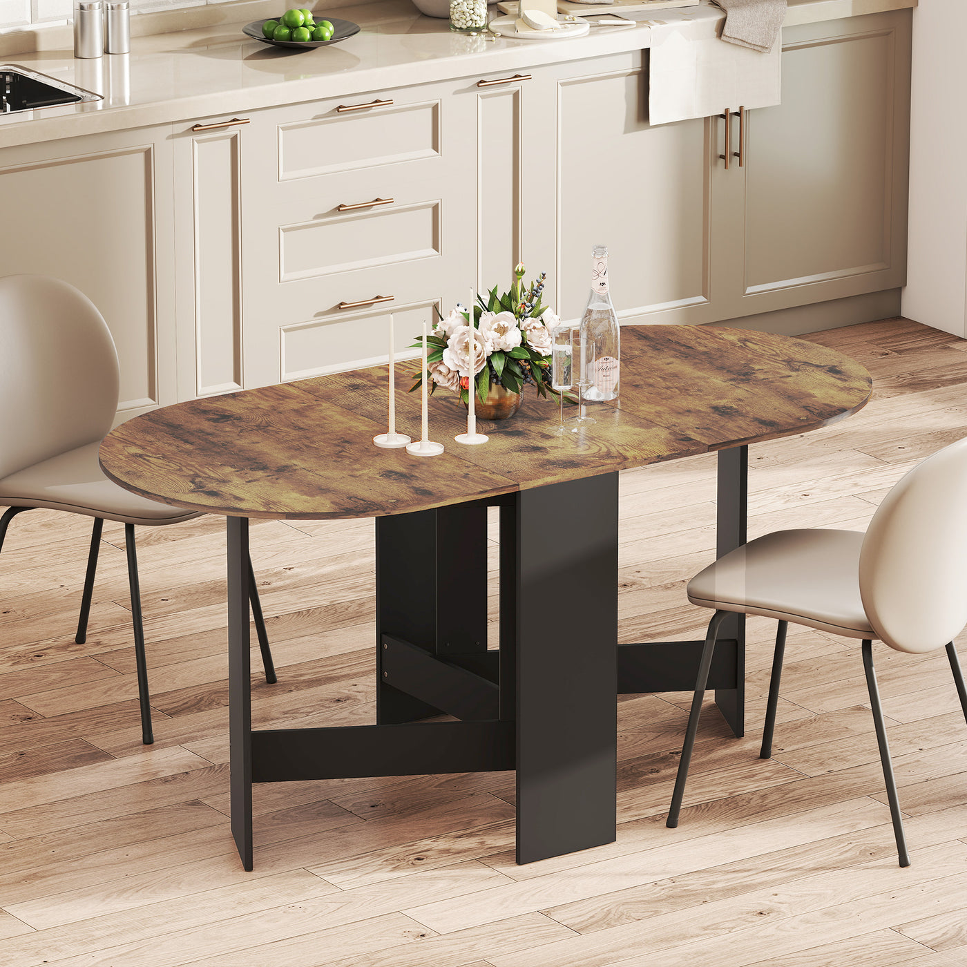 Oval Folding Dining Table, Space Saving Drop Leaf Kitchen Table for Dining Room, Living Room, Rustic Brown