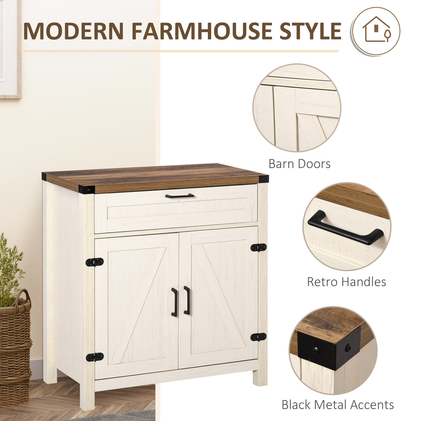 Farmhouse Kitchen Storage Cabinet, Sideboard Buffet Cabinet with 2 Rustic Barn Doors and Drawer, White