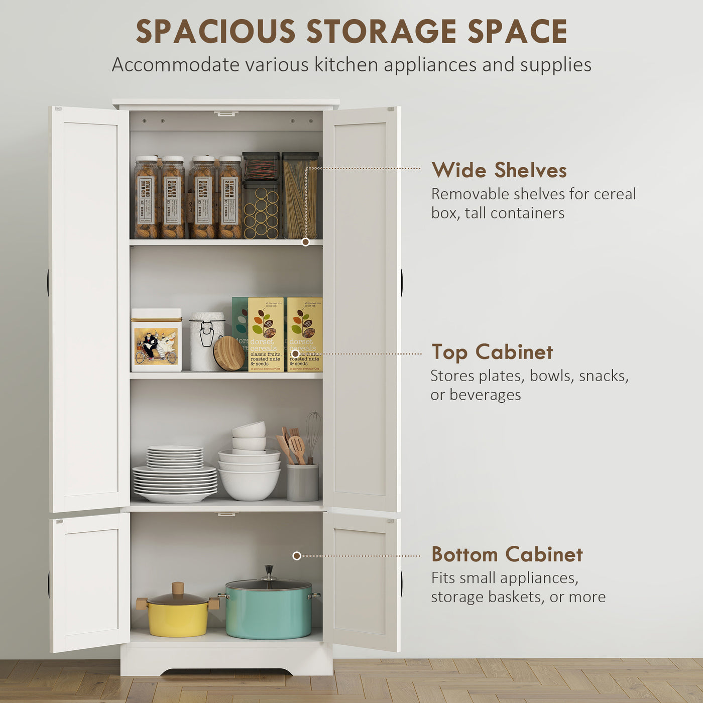 60" 4-Door Storage Cabinet Multi-Storey Large Space Pantry with Adjustable Shelves White