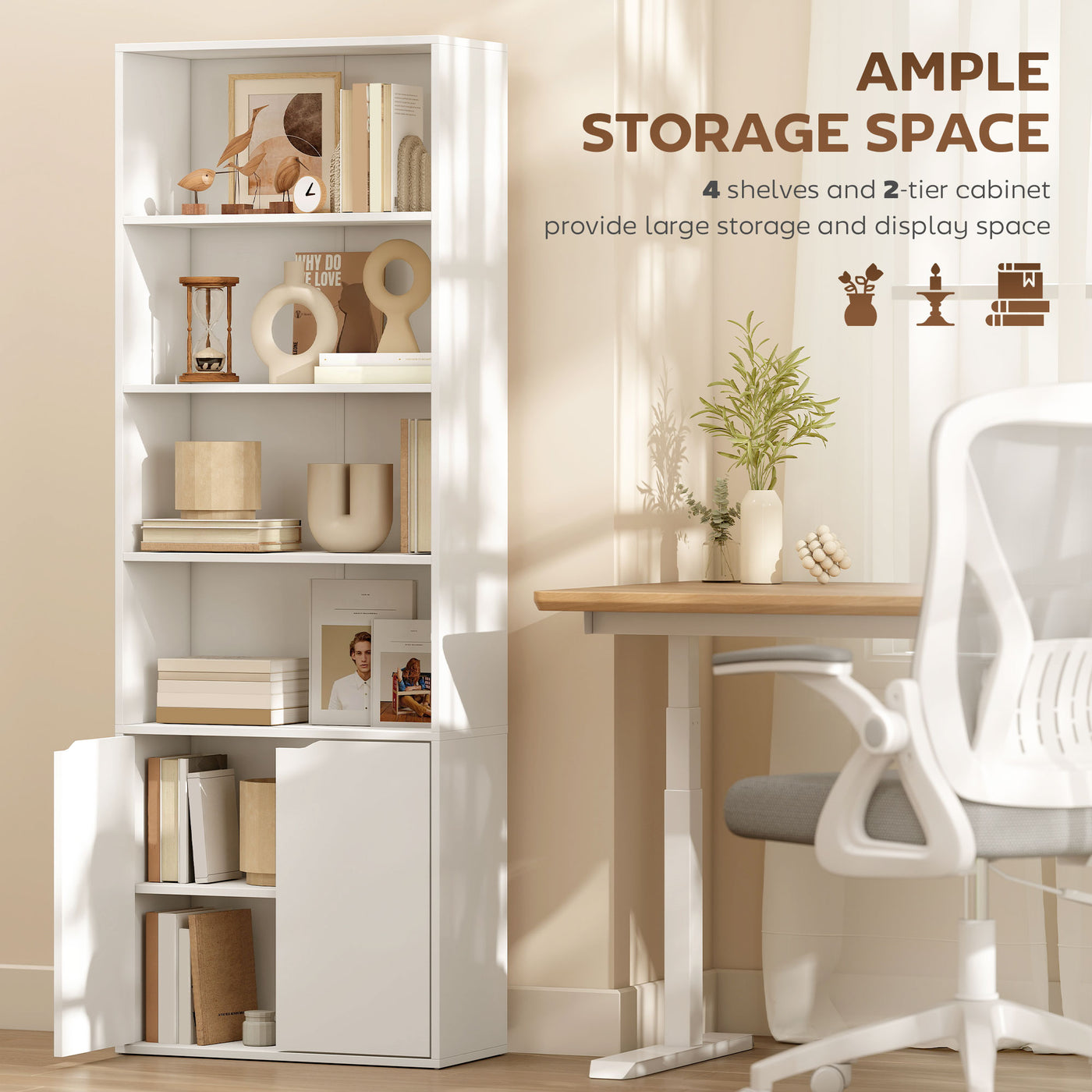 4-Tier Open Bookshelf with Doors Modern Home Office Bookcase Storage Cabinet for Living Room Bathroom Study, White