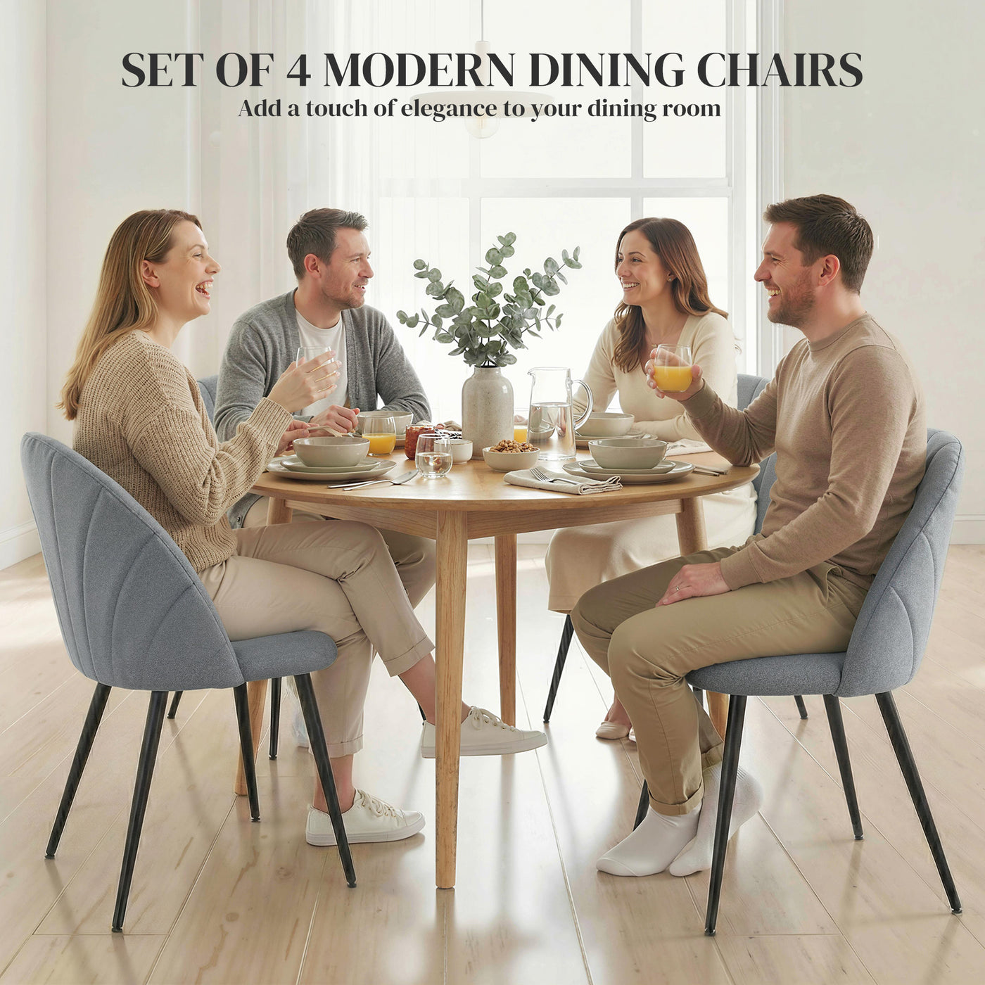 Modern Dining Chairs Set of 4, Upholstered Dining Room Chairs with Metal Legs, Shell Backrest, Padded Seat, Grey
