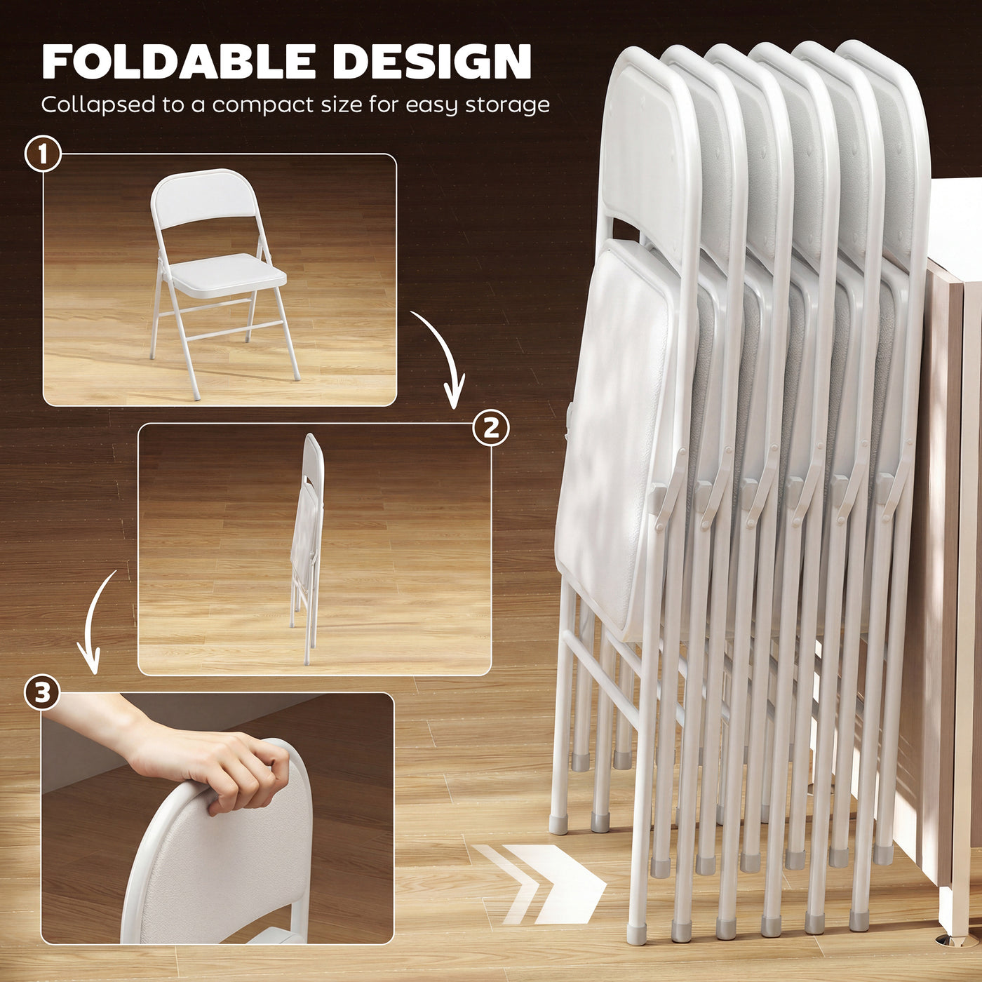 Set of 6 Metal Foldable Chairs, PU Leather Padded Folding Chairs with Cushion Seat and Open Back for Indoor, White