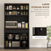 71" Pantry Cabinet with Microwave Space, Buffet with Hutch, 2 Drawers, Adjustable Shelves and Glass Doors, Black