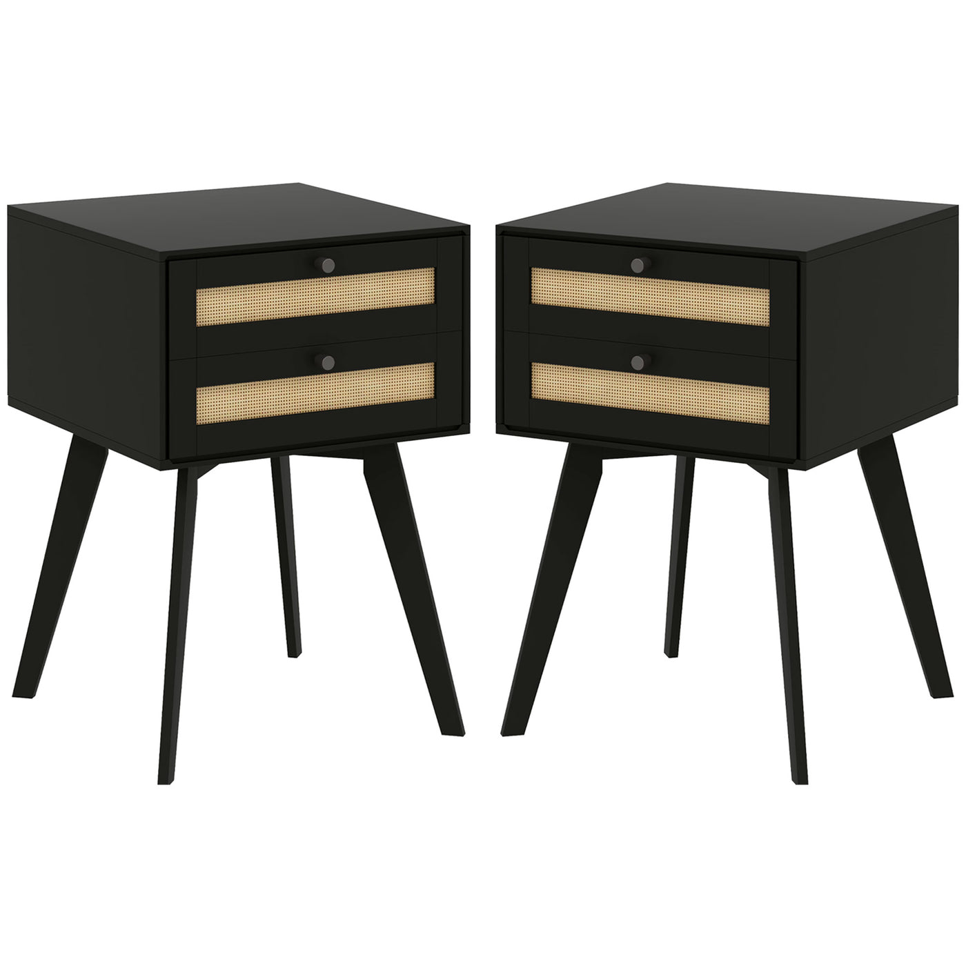 Boho Night Stands Set of 2, Bedside Tables with 2 Rattan Drawers, Square End Tables for Bedroom, Living Room