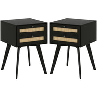 Boho Night Stands Set of 2, Bedside Tables with 2 Rattan Drawers, Square End Tables for Bedroom, Living Room