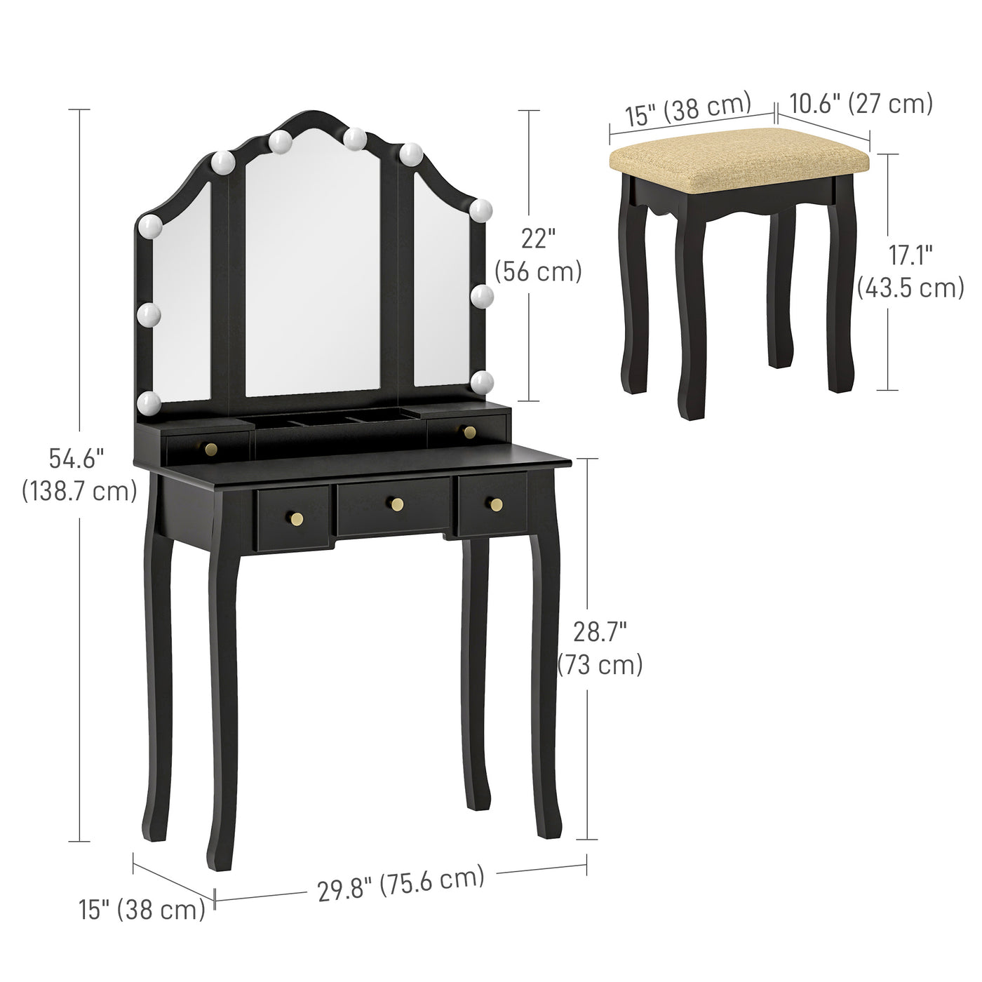 Makeup Vanity Desk with Mirror and Stool, Vanity Set with 10 LED Lights, 5 Drawers and 3 Compartments, Black