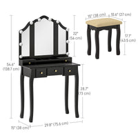 Makeup Vanity Desk with Mirror and Stool, Vanity Set with 10 LED Lights, 5 Drawers and 3 Compartments, Black
