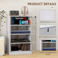 5-Tier Media Cabinet, Media Stand with Adjustable Shelves, Tempered Glass Doors, and Cable Management, Distressed White