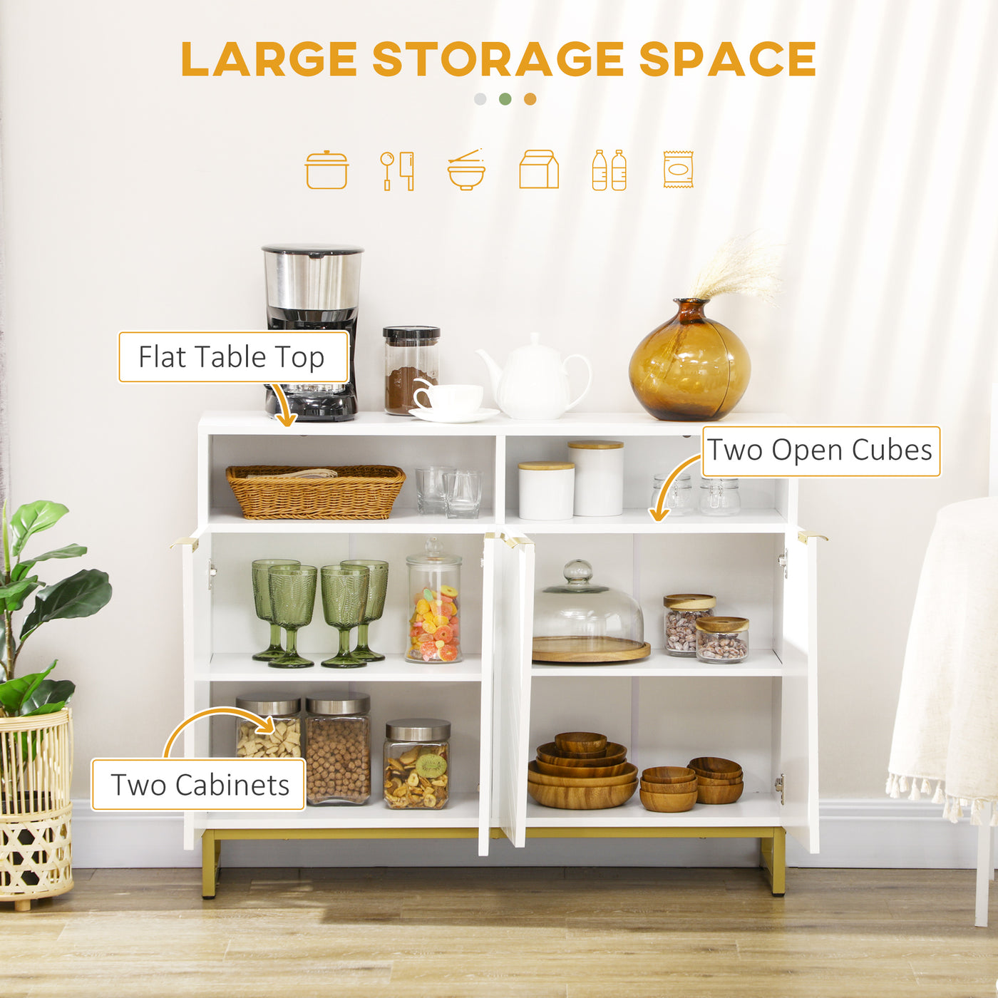 Accent Sideboards, Kitchen Storage Cabinet with 4 Doors, Adjustable Shelves, Metal Base for Living Room, Hallway, White