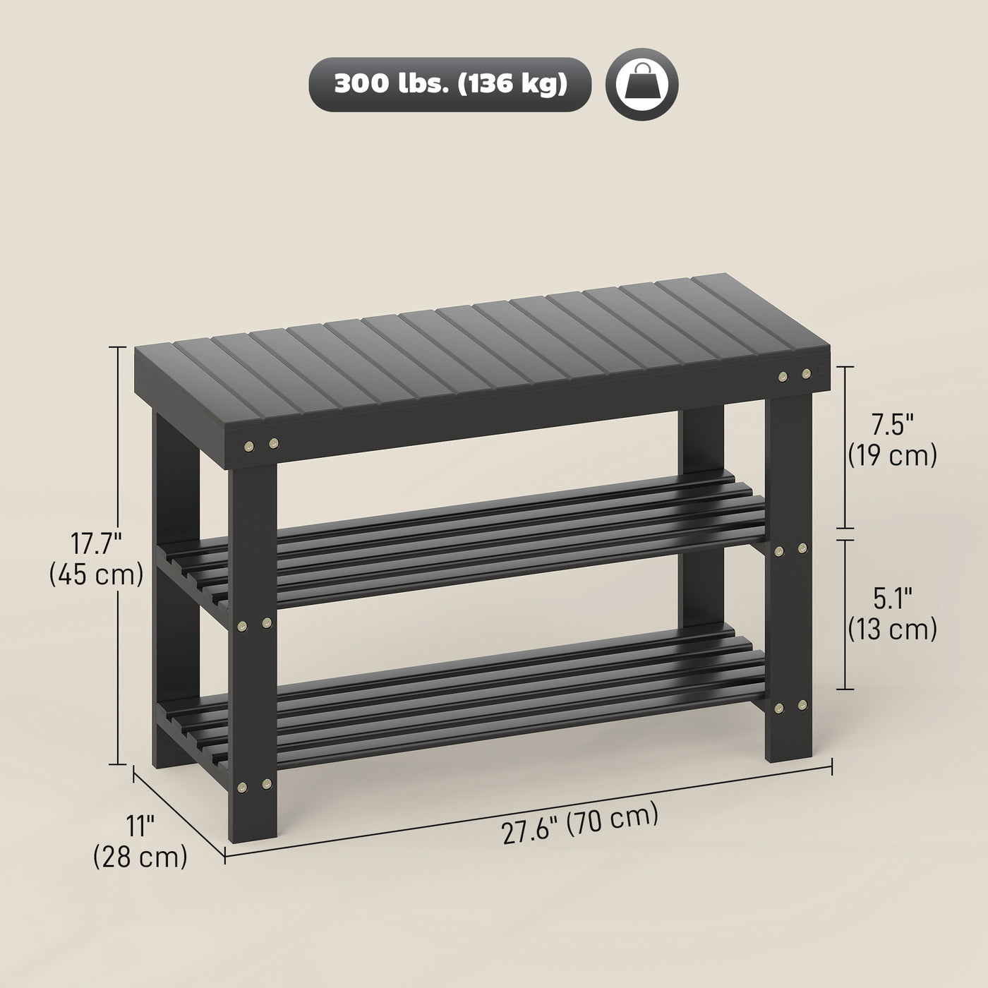 Bamboo Shoe Storage Bench, 3-Tier Entryway Bench with 2 Storage Shelves for Hallway, Holds 6 Pairs, Black