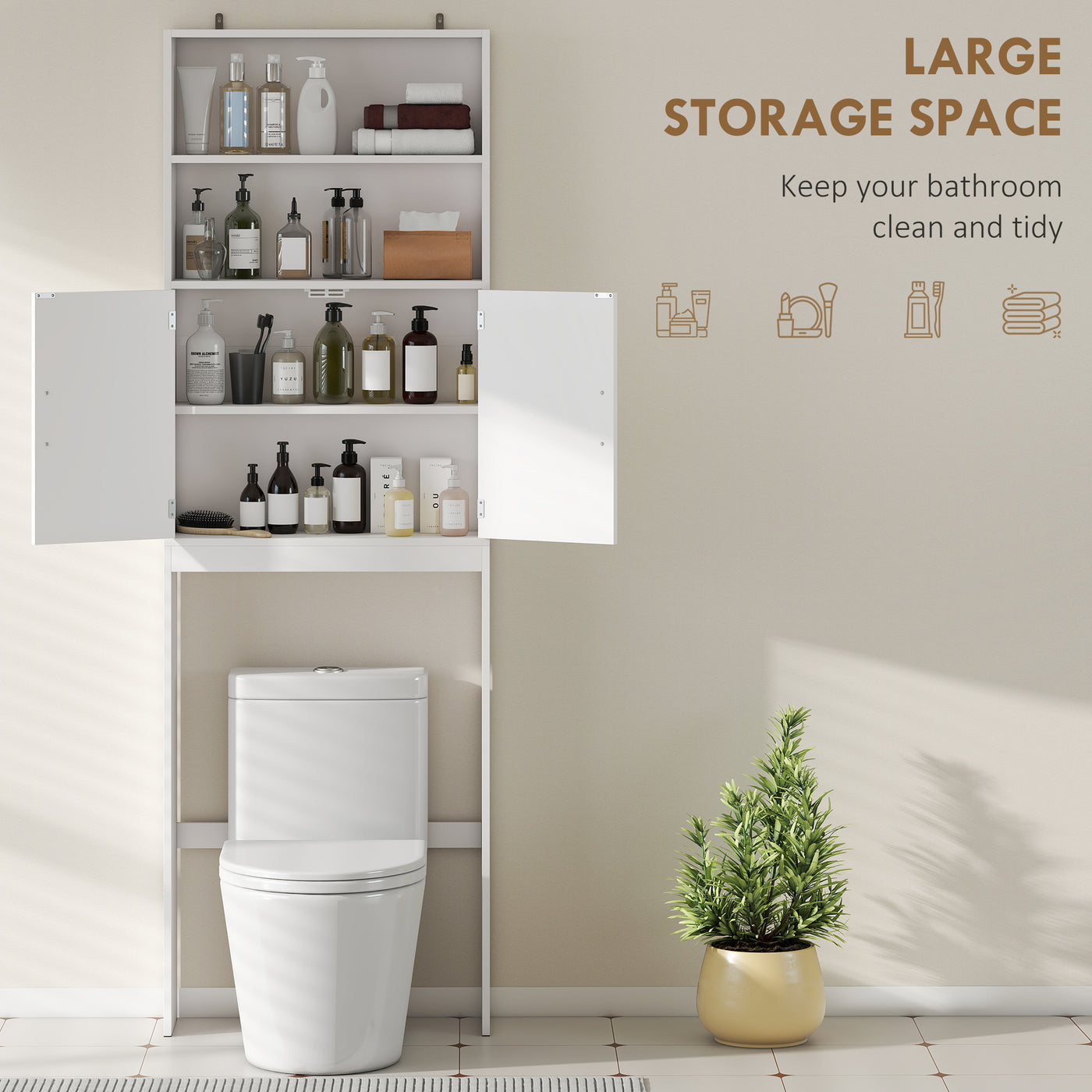 Over The Toilet Storage Cabinet, Freestanding 4-Tier Bathroom Organizer with Adjustable Shelf and 2 Doors, White