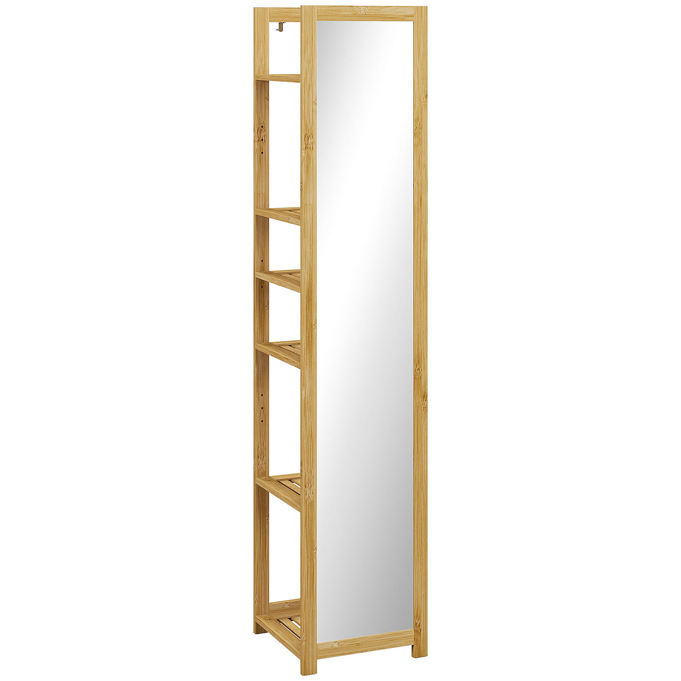 66" x 14" Standing Mirror with 6-Tier Shelf, Floor Mirror Full Body Mirror for Bathroom, Living Room, Nature Wood