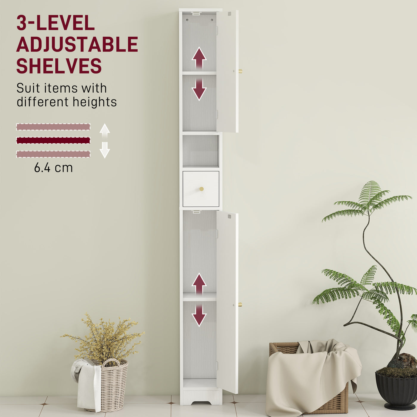 Tall Bathroom Cabinet, Modern Slim Bathroom Storage with Arched Doors, Drawer and Open Shelf, Narrow Storage, White