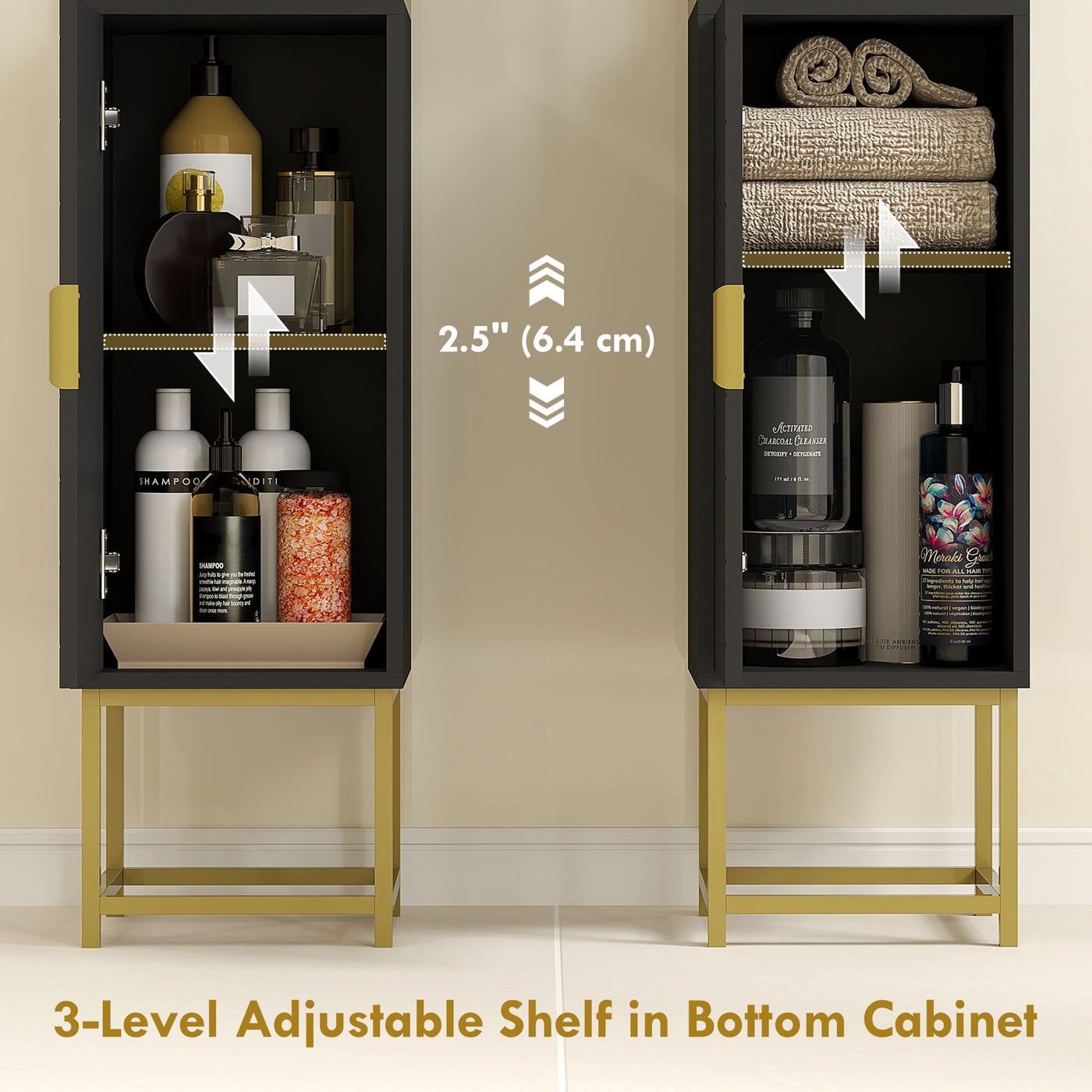 Tall Bathroom Storage Cabinet, Modern Narrow Bathroom Cabinet with Diamond Chevron Pattern and Adjustable Shelf, Black