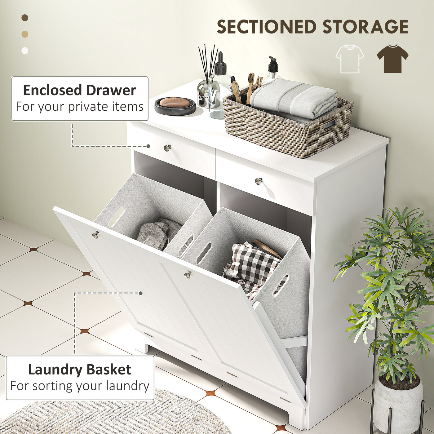 Laundry Cabinet, Tilt Out Laundry Hamper Cabinet with 2 Baskets, Bathroom Hamper Cabinet with 2 Drawers, White