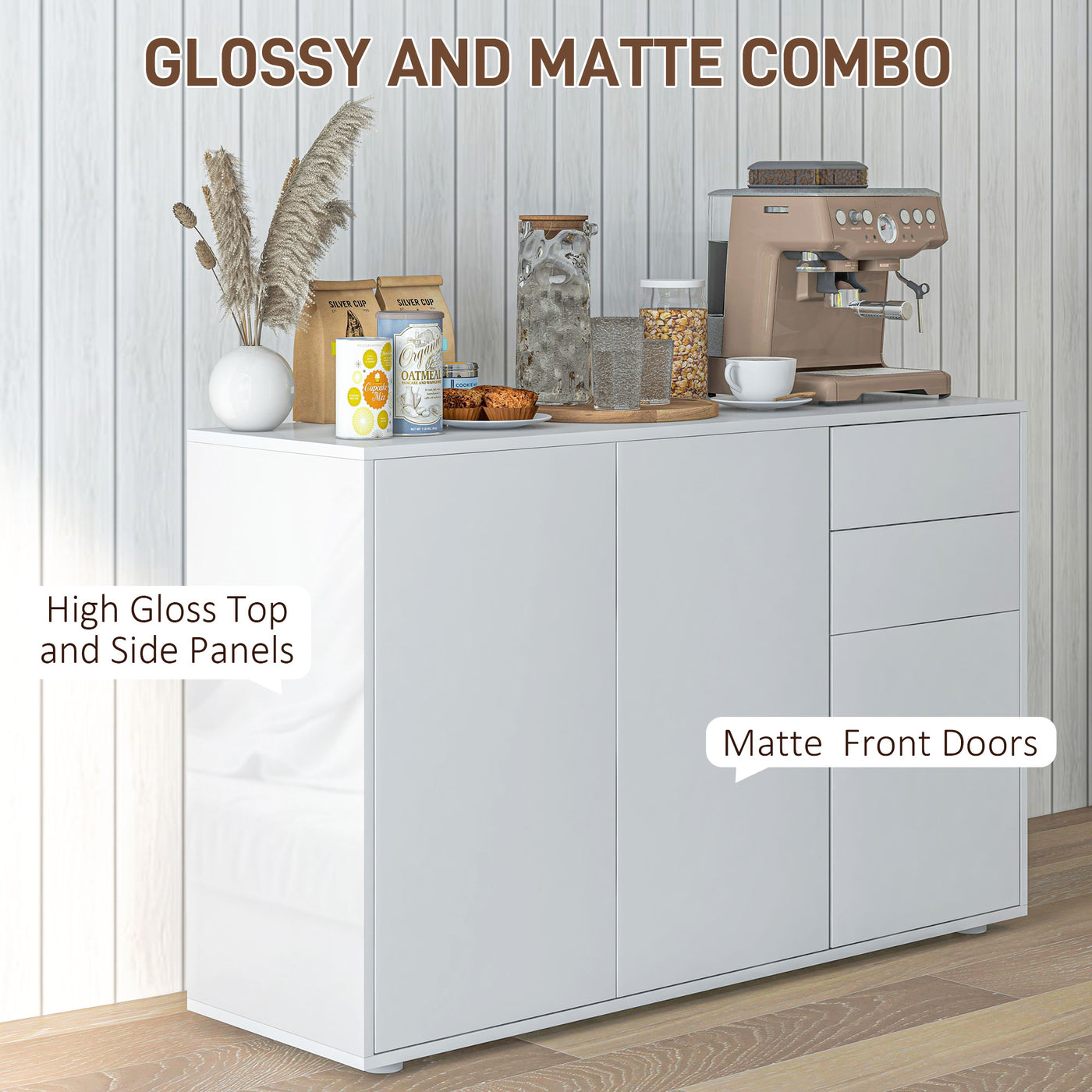 Kitchen Sideboard Storage Cabinet, Modern Coffee Bar with Push-Open Design and 2 Drawers for Living Room, White