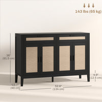 Kitchen Sideboard Cabinet, Boho Buffet Table with Decorative Rattan Doors and Drawers for Dining Room, Black
