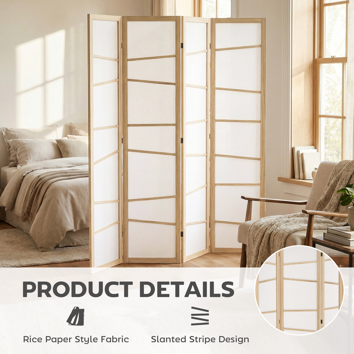 66.9" Folding Room Divider, 4 Panel Wall Partition with Wood Frame for Bedroom, Home Office, Natural Wood