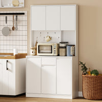 71" Pantry Cabinet with Charging Station, Kitchen Storage Cabinet with Microwave Stand, Pegboard, 6 S-hooks, White