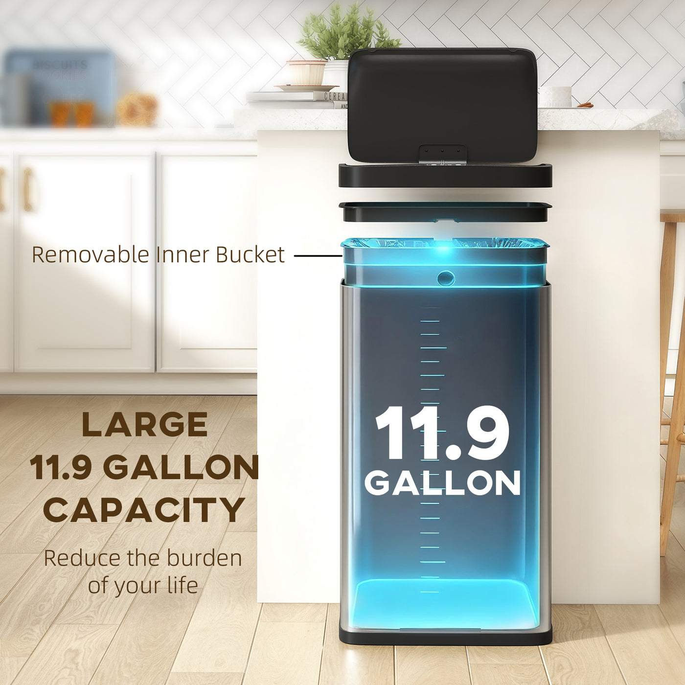 12 Gallon (45 L) Sensor Can, Automatic Garbage Can with Soft-Close Lid, Fingerprint-Proof Stainless Steel, Silver