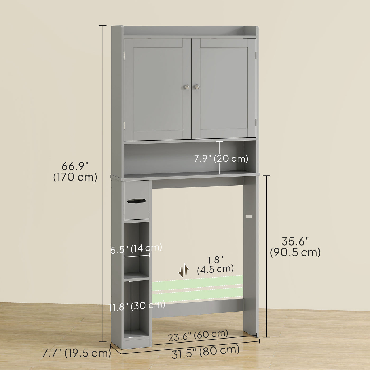 Modern Over the Toilet Storage Cabinet with 2 Doors, Above Commode Storage Cabinet with Toilet Paper Holder, Grey