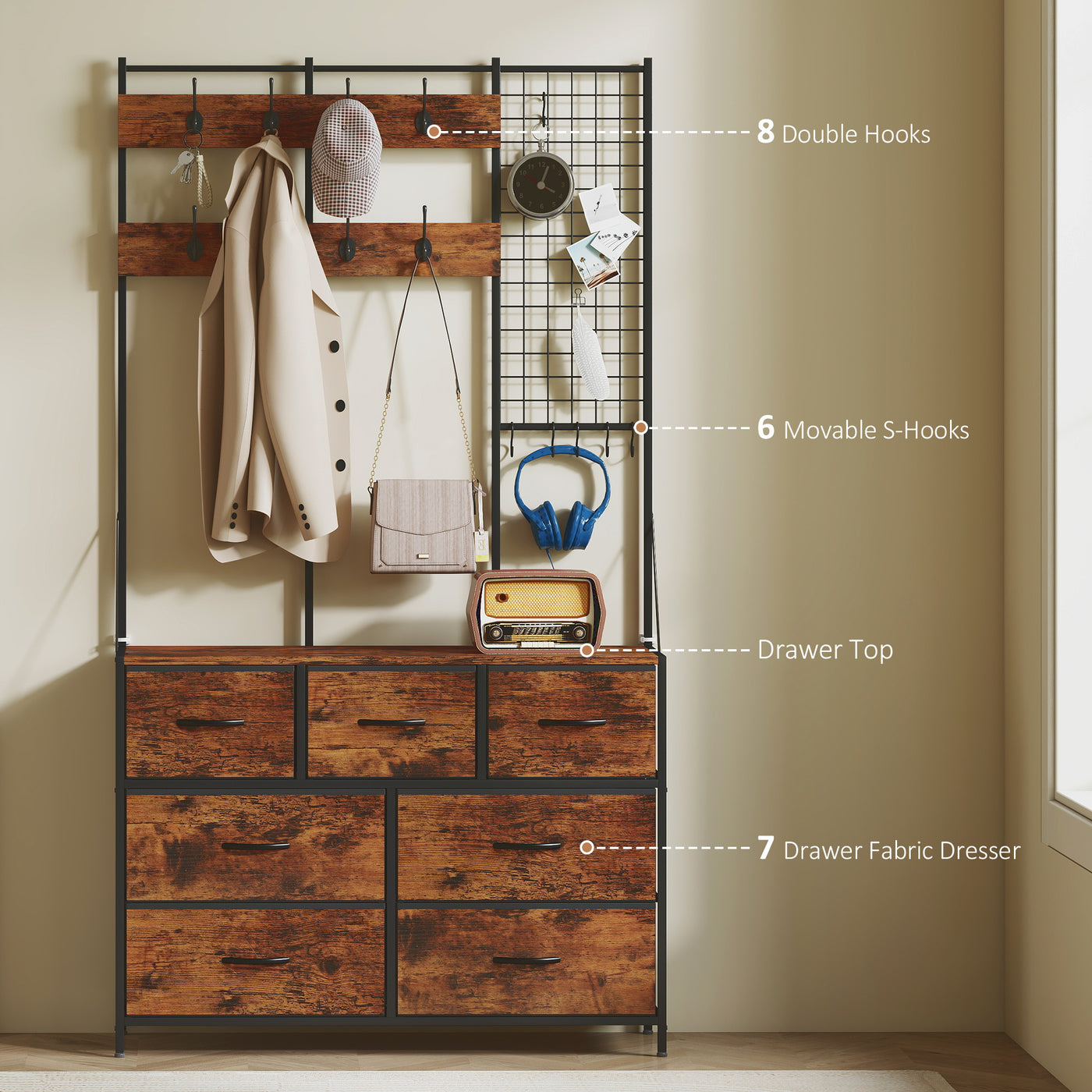 4-In-1 Coat Rack with 7 Drawer Fabric Dresser, Hall Tree with 14 Hooks for Hallway, Entryway, Bedroom, Rustic Brown