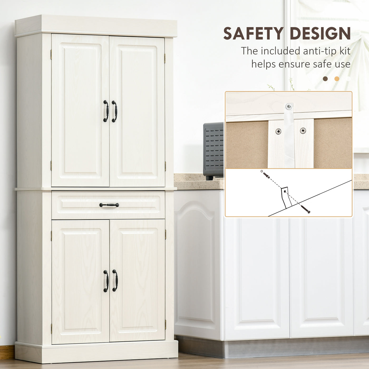 71" Freestanding Kitchen Pantry with 4 Doors and 2 Cabinets, Tall Storage Cabinet for Kitchen, Distressed White