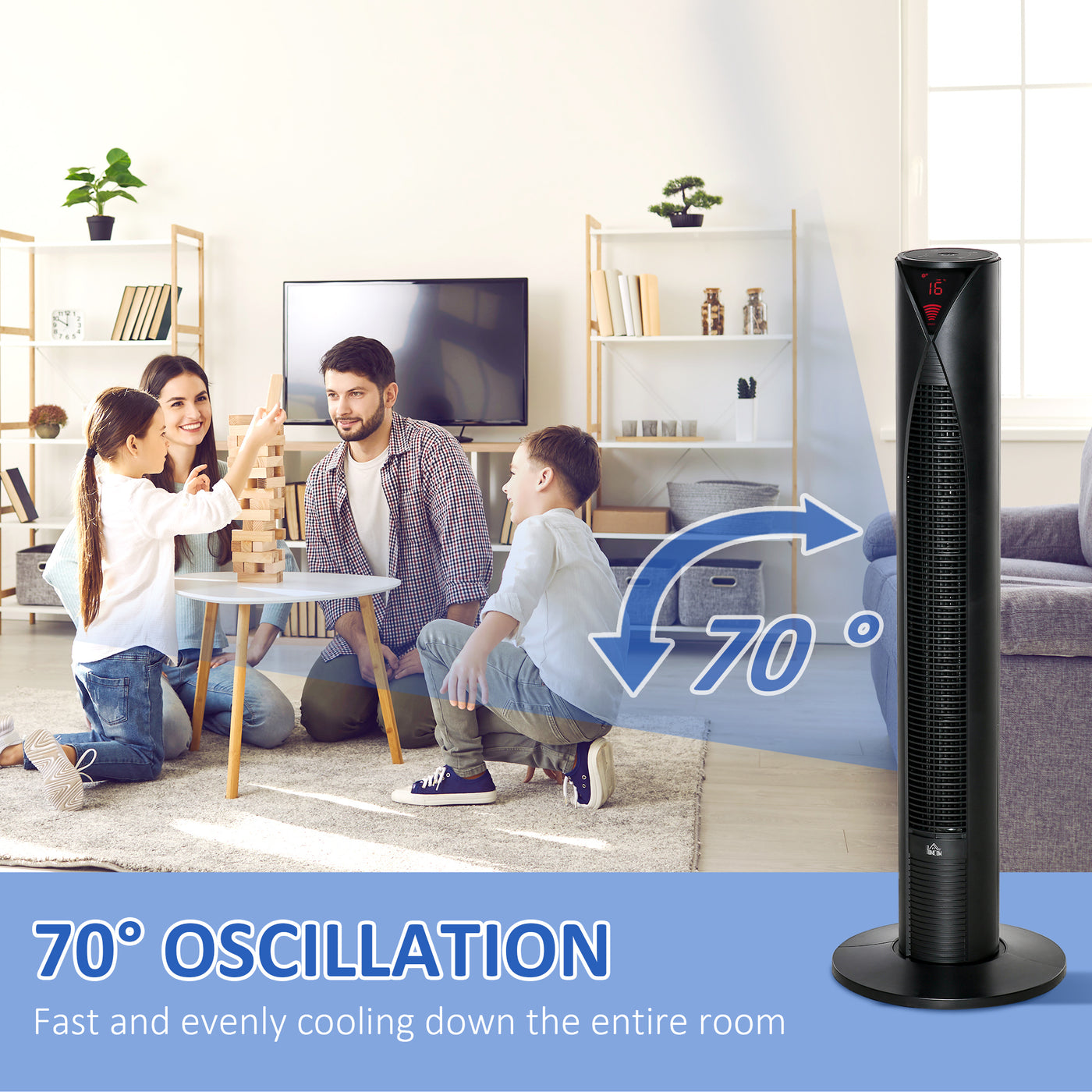Freestanding Tower Fan Cooling for Home Bedroom with 3 Speed, 12h Timer, Oscillating, LED Sensor Panel, Remote Controller, Black