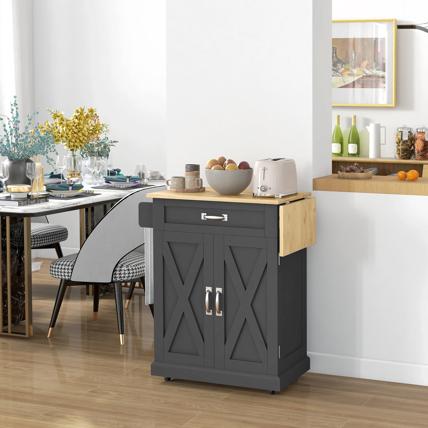 Foldable Kitchen Island with Storage Drawer, Farmhouse Rolling Utility Cart on Wheels with Drop-Leaf Wood Top, Black