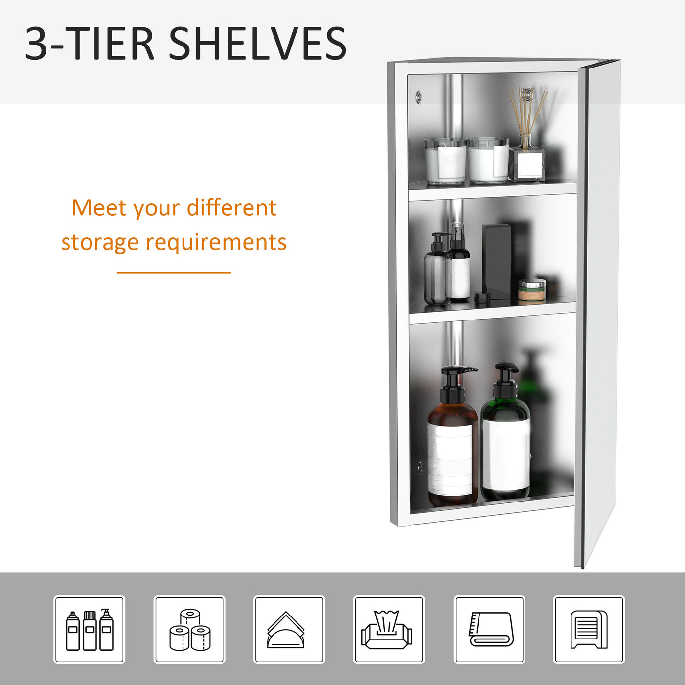 Wall mounted Bathroom Corner Mirror Storage Cabinet Stainless Steel with Single Door
