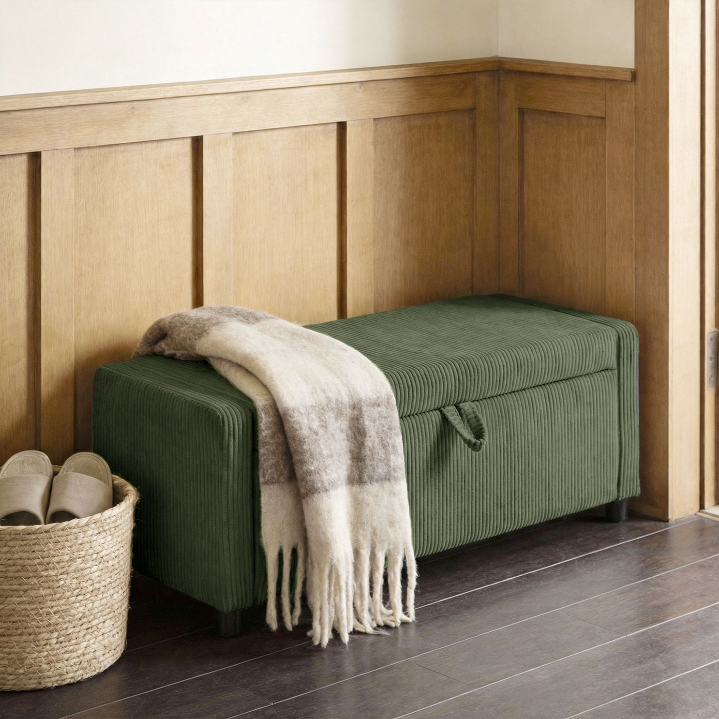 Storage Ottoman, Upholstered Corduroy End of Bed Bench with Thick Padding, Storage Bench for Bedroom, Dark Green
