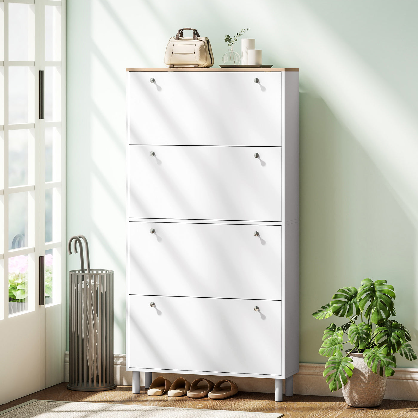 Narrow Shoe Cabinet with 4 Flip Drawers, Shoe Storage Cabinet with Adjustable Shelves, Holds 24–32 Pairs, White