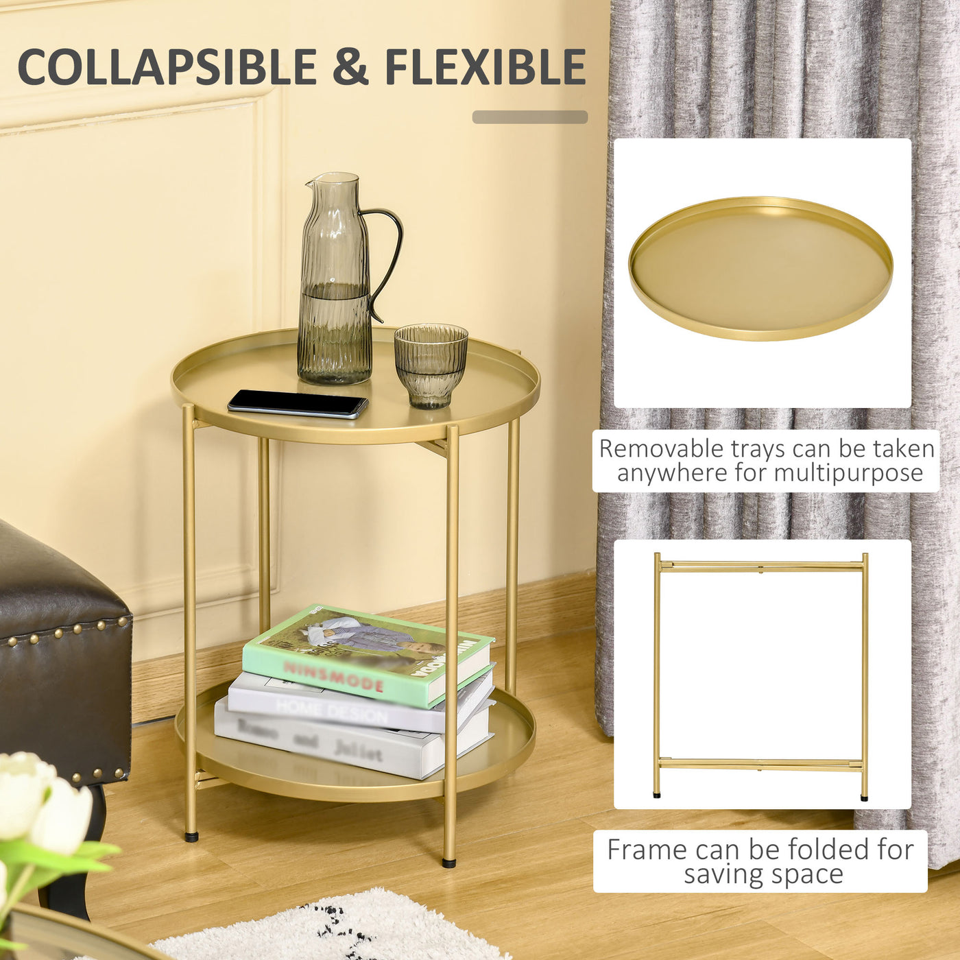 2-Tier Gold Side Table, Round Nightstand with Removable Trays Folding Metal Frame Adjustable Foot End Table for Living Room Bedroom