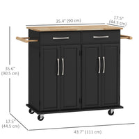 Kitchen Island on Wheels with Rubberwood Top, Rolling Kitchen Cart with 2 Drawers, 4 Doors and Adjustable Shelves