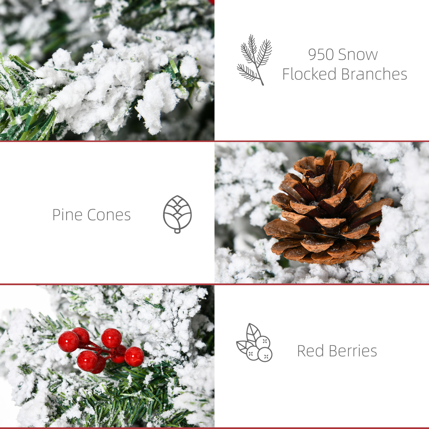 7.5 Foot Pencil Snow Flocked Artificial Christmas Tree with 950 Pine Realistic Branches, Pine Cones, Red Berries, Auto Open, Green
