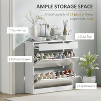 High Gloss Shoe Cabinet with 2 Flip Drawers and Adjustable Shelves, Narrow Shoe Storage Cabinet with Glass Top, White