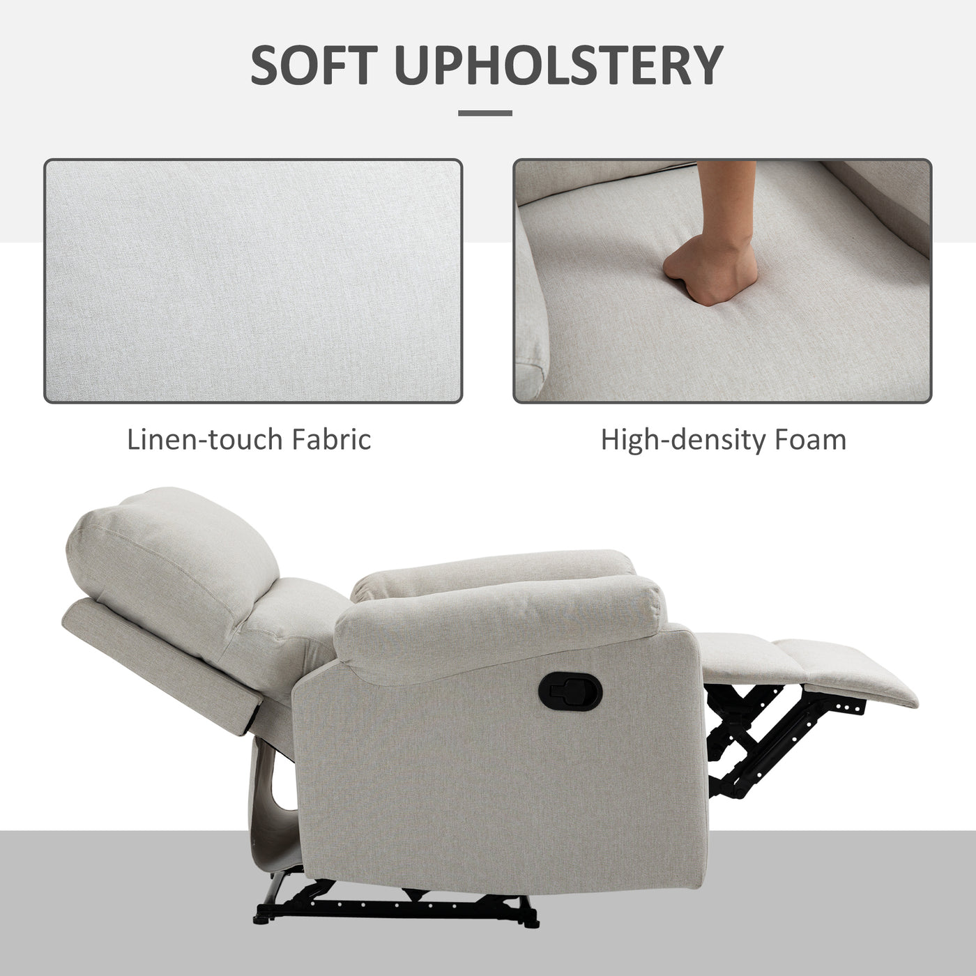 Recliner Chair, Manual Reclining Chair with Footrest, Padded Seat for Living Room, Bedroom, Study, Cream White