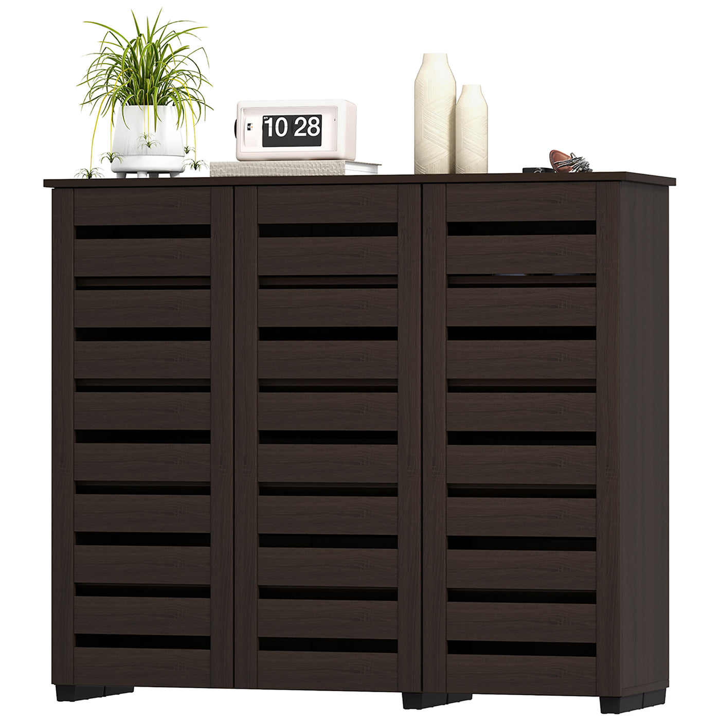 Narrow Shoe Cabinet with Slatted Doors, Adjustable Shelves for 20 Pairs of Shoes, Shoe Cabinet for Entryway, Dark Brown