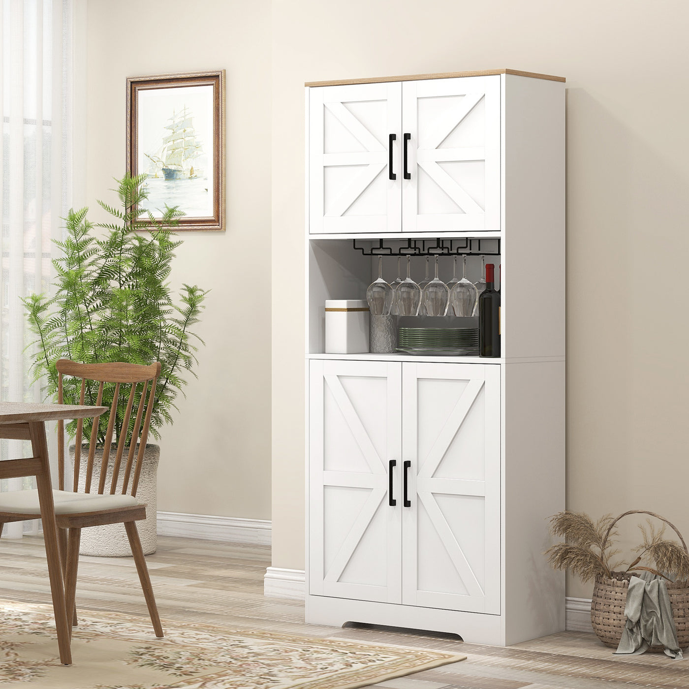 Farmhouse Kitchen Pantry, 68" Freestanding Hutch Storage Cabinet with Microwave Oven Countertop, White