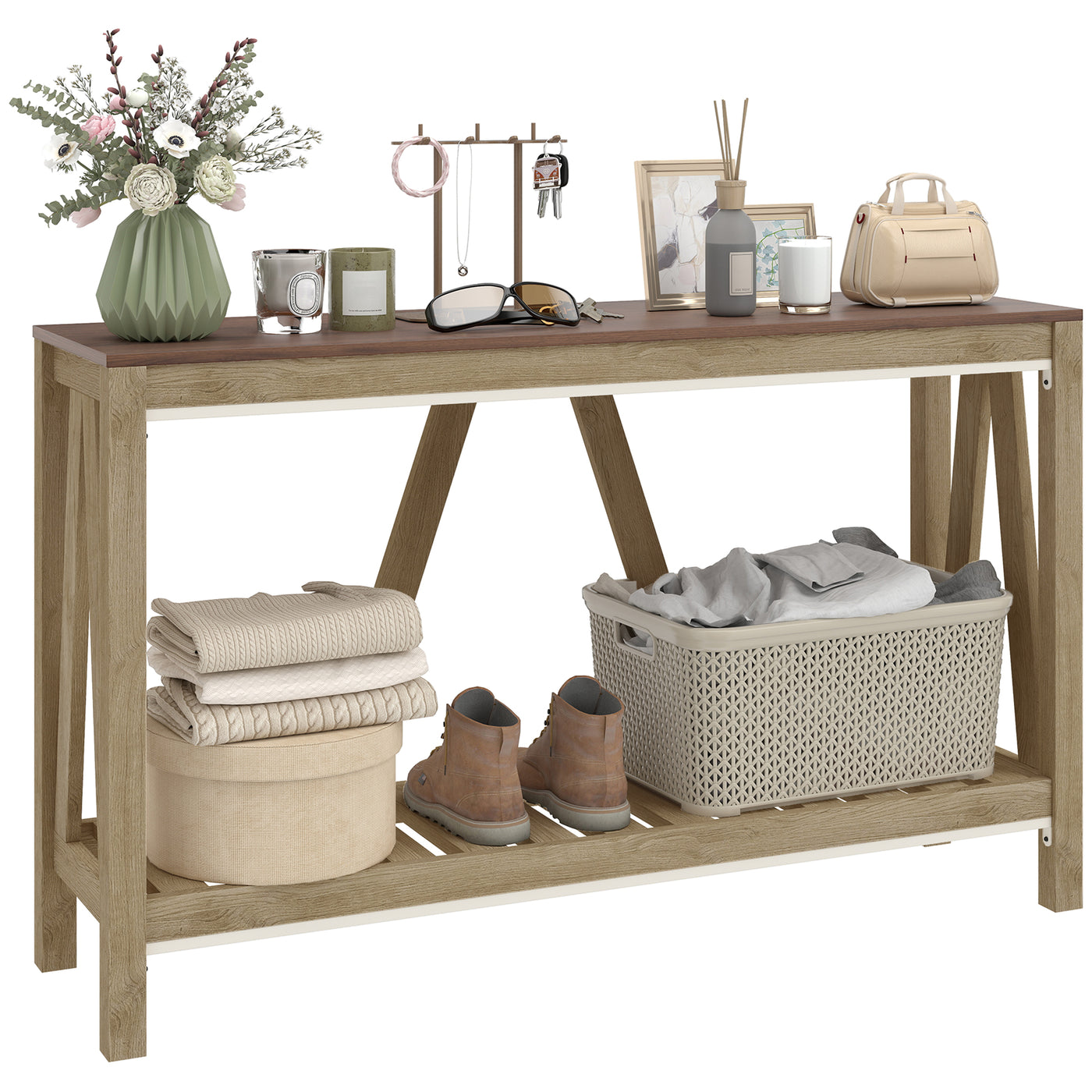 52" Console Table, Farmhouse Narrow Entryway Table with Storage Shelf, Rustic Sofa Table with Anti-tipper for Living Room and Hallway, Oak