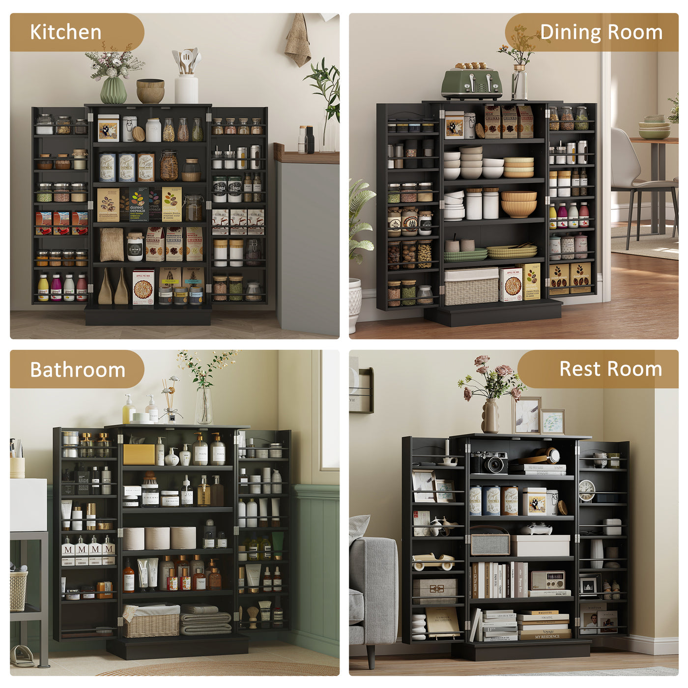 41" Kitchen Pantry Cabinet with 5-tier Shelving, 12 Spice Racks, Anti-Tipping, 2-Door Storage Cabinet with 3-Level Adjustable Shelves, Black