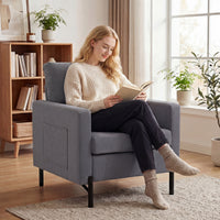 Accent Chair Modern Upholstered Armchair with Side Pockets and Cushion for Bedroom, Living Room, Dark Grey
