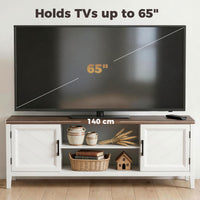 TV Stand for TVs up to 65 Inch, Entertainment Center with 2 Open Shelves, 2 Cabinets, Thick Top, White and Brown
