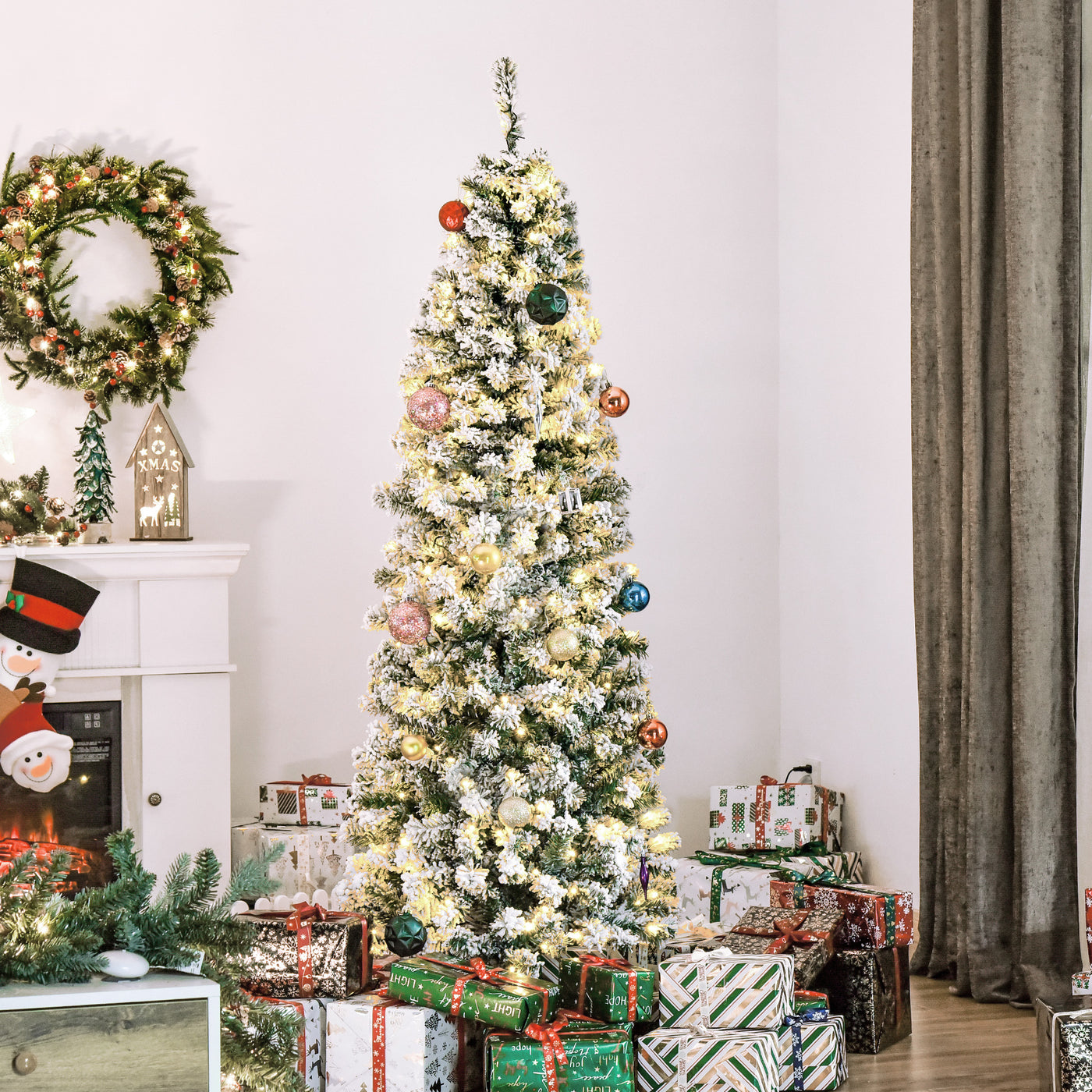 6ft Prelit Artificial Pencil Christmas Tree, Snow Flocked Slim Xmas Tree with Warm White LED Lights - Green