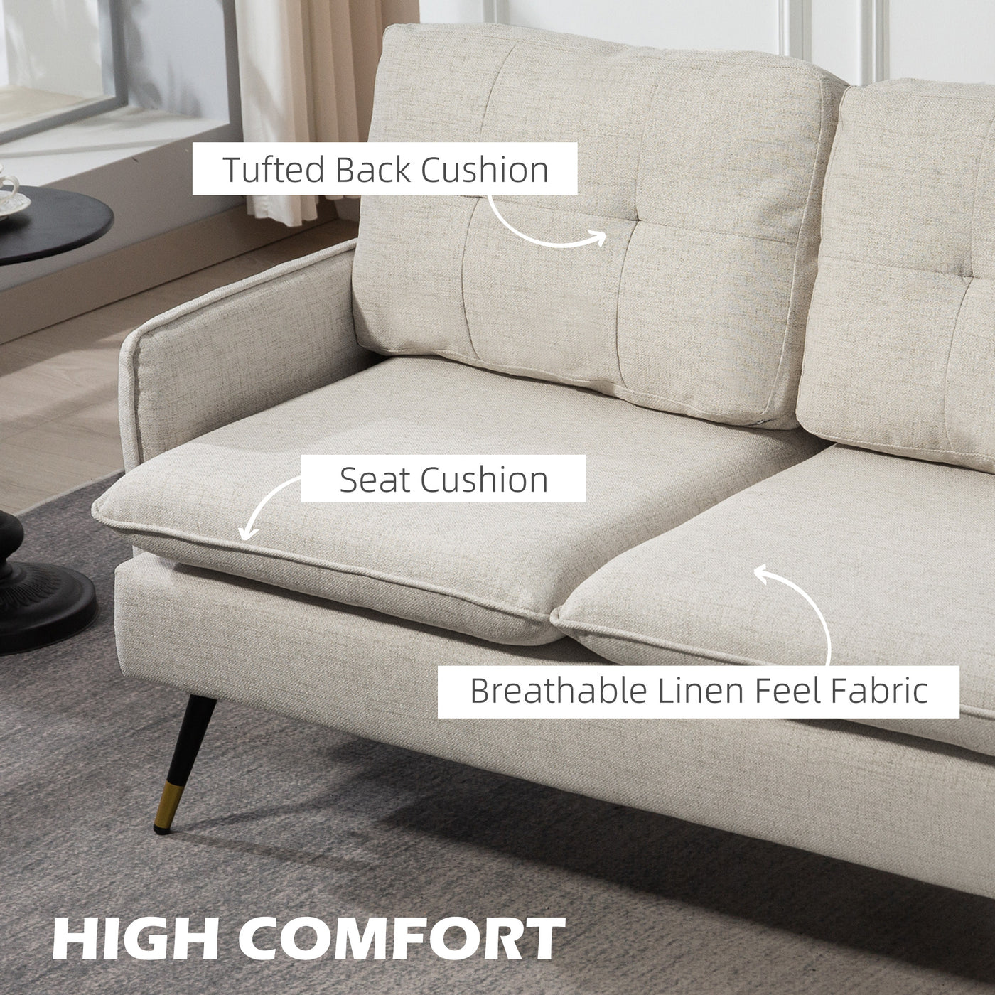 55" Loveseat Sofa, Linen Love Seat w/ S spring, Steel Legs and Button Tufting, Small Couch for Living Room, Cream White